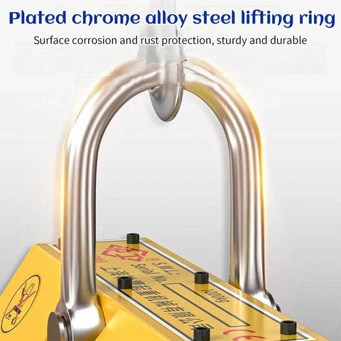 Front view of 440 lb magnetic lifter with chrome-plated U-shaped lifting ring on yellow base.