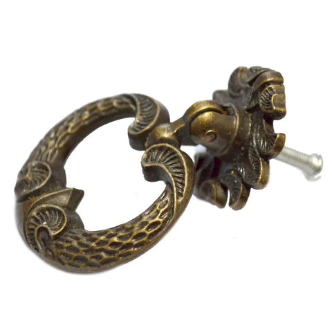 4 Pcs Bronze Drawer Ring Pulls With Screws, Vintage Victorian Floral Pattern Antique Single Hole Handles, front view