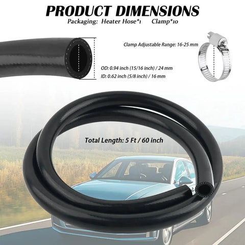 Rugged Five Foot Five Eighth Inch Silicone Car Heater Hose With Ten Clamps ID 16Mm OD 24Mm Coolant Hose For Air And Water Transfer