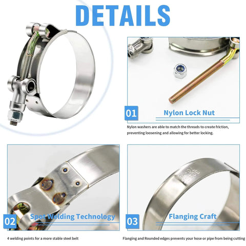 12 Piece Peromi T Bolt Radiator Hose Clamp Set Heavy Duty Stainless Steel Clamps In Six Sizes From Three Quarter Inch To Two Inch For Turbo Intercooler And Intake Hoses Working Range Twenty Eight To Sixty Four Millimeters showing close-up on clamps, lock nut, welding, flanging details.
