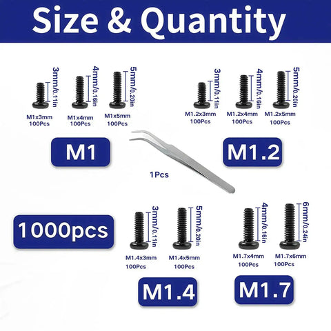 Size and quantity chart for Tiny Micro Repair Screws Set In Black Carbon Steel Phillips Pan Head M1 To M1.7 For Eyeglasses.