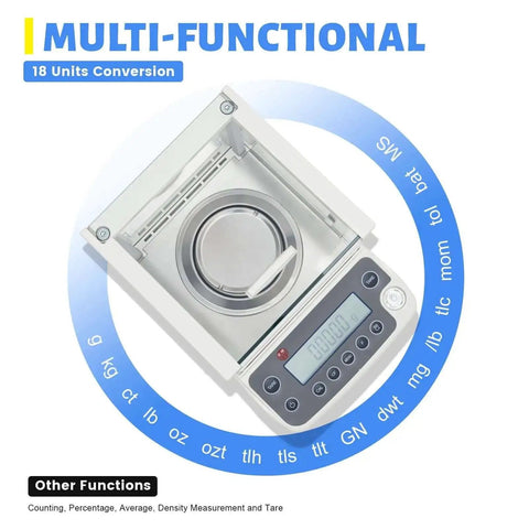 Hyper Accurate 0.0001g Analytical Balance With LCD Display 18 Units USB RS232 Interface For Schools And Labs Wind Shield Glass Cover Provides Stable Measurements Up To 0.26lb showing top view with digital display