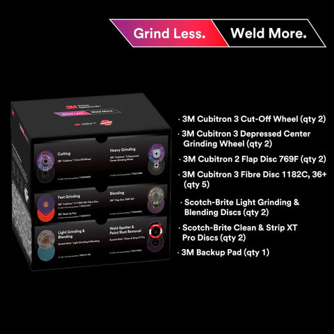 Grind Less Weld More Promo Kit Sixteen Piece Welding Disc Set with Quick Change Discs, Flap Discs, and Grinding Wheels box