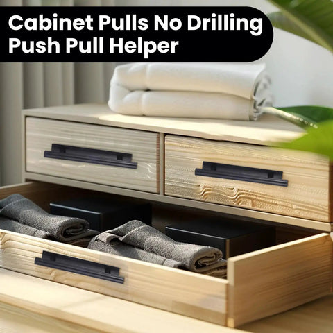 30 Pcs Self-Stick Cabinet Drawer Handles Pulls Black Peel And Stick Plastic Adhesive Door Handles installed on wooden drawers