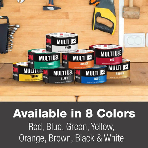 Yellow Colored Duct Tape with Strong Adhesive and Water-Resistant Backing, part of 8 multi-use colors on a wooden table display.