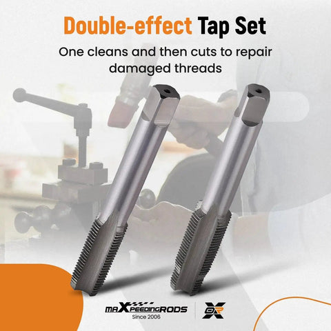 Spark Plug Thread Repair Kit M14 x 1.25 Taps And Inserts, 26 Piece Rethreading Tools Set with tap tools on display.