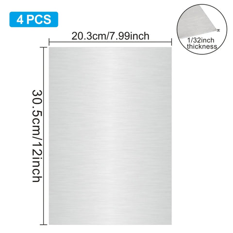 4 Pack 8X12 Inch Stainless Steel Sheets 0.8MM Thick 430 Grade Shim Stock For Magnetic Mount Boards Crafting Kitchen Office Home Projects Corrosion Resistant Heat Resistant Durable DIY Metal Plate Sheets For Craft Enthusiasts, image showing size dimensions and thickness of stainless steel sheet.