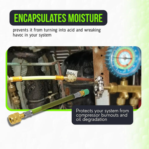 Close-up of All In One Leak Sealer For HVAC Systems Up To 5 Tons With Moisture Remover And UV Dye 3 In 1 Direct Inject Formula usage.