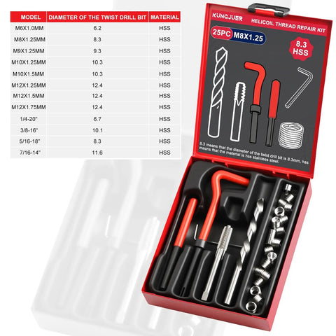 M8x1.25 Helicoil Thread Repair Kit With HSS Drill Bits And Inserts Carry Case, featuring tools and inserts in a red case
