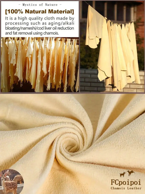 Natural Chamois Lens Cleaning Cloth for Glasses Cameras Screens Scratchless hanging and close-up texture view
