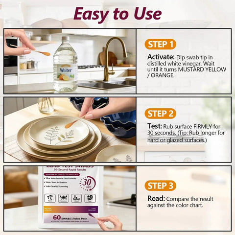 Image showing step-by-step use of 120 Swabs Lead Test Kit For Home Use With Quick 30 Second Results Detects Lead In Paint Ceramics Toys Jewelry