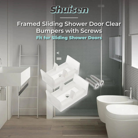 Opaque Sliding Shower Door Bumpers 2 Piece for Sliding Doors and Tub Enclosures shown with screws in bathroom setting
