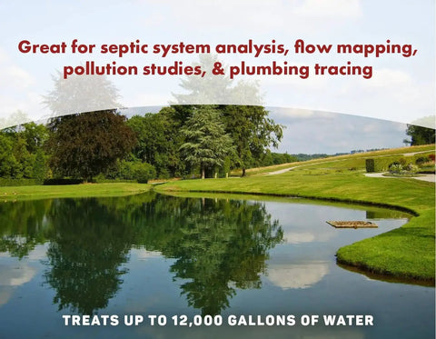 Red Tracer Dye Concentrate for Water Tracing and Leak Detection, Pro Grade Fluorescent Dye That Pops Under Any Light, One Gallon Treats Up To 12,000 Gallons, Perfect for Septic System Analysis, Flow Mapping, Plumbing Tracing and Pollution Studies is shown by a pond with greenery around.