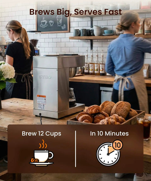 12 Cup Commercial Pour Over Coffee Maker With Industrial Stainless Steel Design, Dual Warmers, in a cafe setting, no carafe