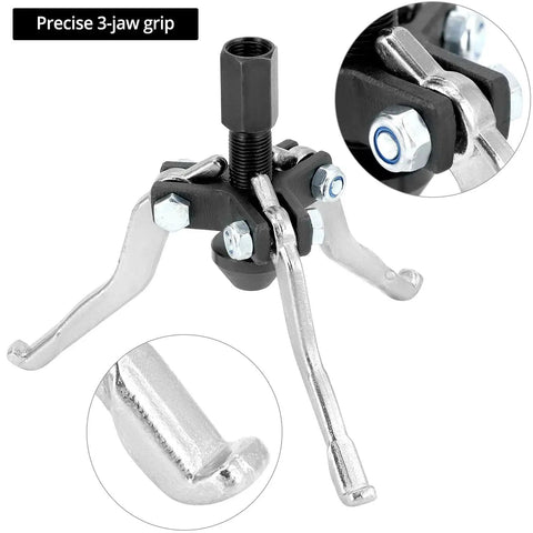 Close-up of 3 Jaw Gear Bearing Puller Set For Automotive Maintenance Internal And External Gear And Pulley Removal with 3-jaw grip.