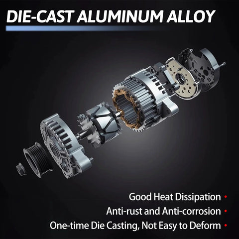 Exploded view of Alternator Replacement 150A 12V With 6-Groove Pulley, showcasing die-cast aluminum alloy construction.