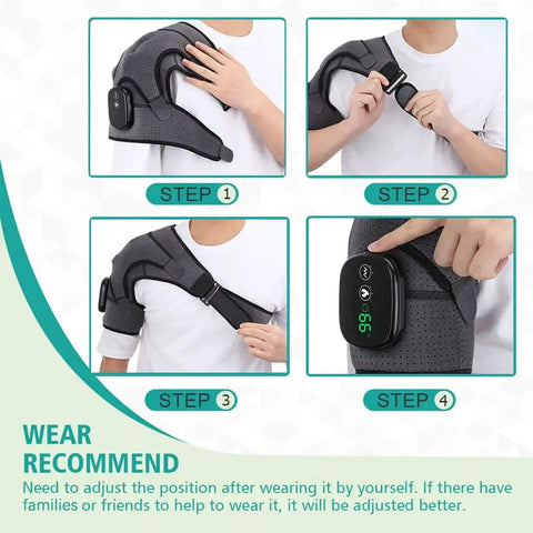 Cozy Heated Shoulder Wrap Massager For Men And Women With Cordless Design And 3 Heating Settings shown in use, step by step