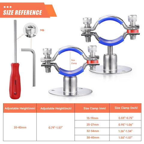 Six Pack 304 Stainless Steel Wall And Ceiling Pipe Mount Supports For 38 To 40 Mm OD Pipes With Adjustable Height 20 To 40 Mm Includes Pipe Strap Clamps And Screws with adjustable height and size reference table, red screwdriver, and Allen key.