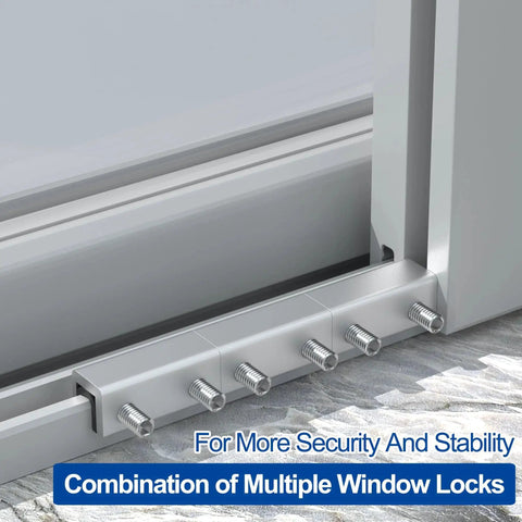 8 Sets Sliding Window Locks With Aluminum Security Door Window Stoppers installed on a horizontal window frame close-up view