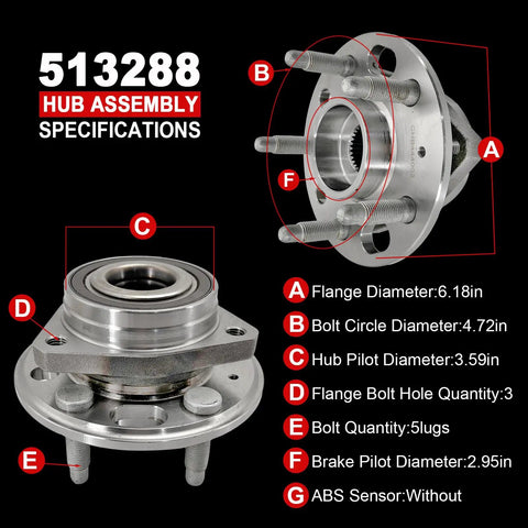 Pair 513288 Front Or Rear Wheel Bearing Hub Assembly That Fits Malibu 2013 2015 Impala 2014 2017 CTS XTS 2013 2017 Lacrosse Regal 2011 2017 Terrain 2010 2017 Five Lug diagram showing specifications.
