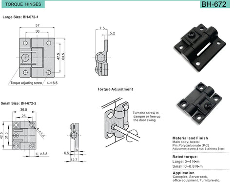 Two Pack Adjustable Torque Hinge With 0-0.8 Nm Symmetric Torque For Electronics Boxes And Pochade Boxes Durable Acetal Hinge Body With Polycarbonate Pin And Stainless Steel Screw Nut Replacement BH-672-2 OWACH E6-10-301-20 with dimensions and materials