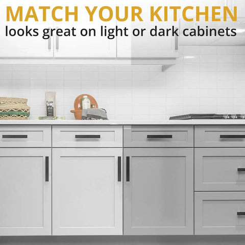Modern kitchen with Matte Black Cabinet Pulls 25 Pack, 5.5 Inch Length With 5 Inch Hole Spacing on white cabinets