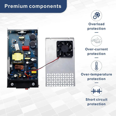 Internal view of Beefy 24V DC Power Supply 600W 25A Switching Adapter with fan highlighting protection features.