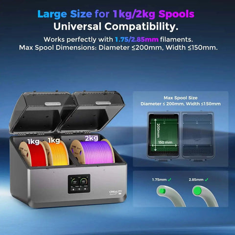 Space Pi X4 Filament Dryer showing large size for 1kg/2kg spools, compatible with 1.75/2.85mm filaments, LCD touch screen displayed.