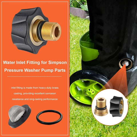 Water Inlet Fitting For Simpson High Pressure Washer Pumps With Three Eighths Inch Male End And Three Quarters Inch Female End Replacement Connector Part DZQPPC 7112362 Fits Multiple Models And Replaces Worn Inlet Connectors installed view