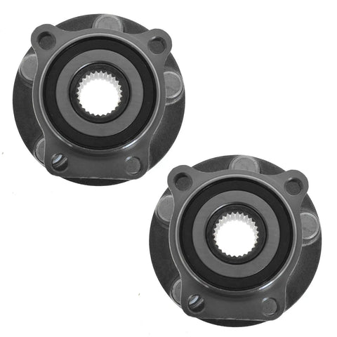 Front Wheel Bearing And Hub Assembly Set For Subaru Outback, Forester, Legacy, And XV Crosstrek Left And Right Two Piece Bolt-On Drop-In Direct Fit Kit For 2005 To 2014 Models, shown in image with two black and silver hub assemblies.