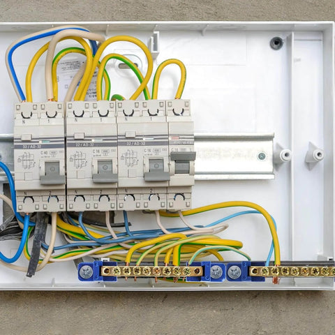 Image of 10 Pack Brass Terminal Bus Bar With Eight Position Screw Terminals For Car Boat Marine Electrical Power Distribution Grounding Strip Blue Finish Heavy Duty Copper Alloy installed in electrical panel.