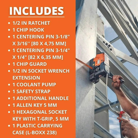 Magforce 90 Magnetic Base Drill With Brushless Motor For Hard To Reach Areas In Metal 1,200W Power in action on metal beam
