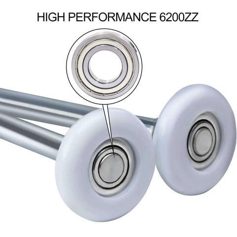 Close-up of 15 Pack 2 Inch Nylon Garage Door Rollers With Sealed 6200ZZ Bearings, quiet and durable wheels, silver stems visible.