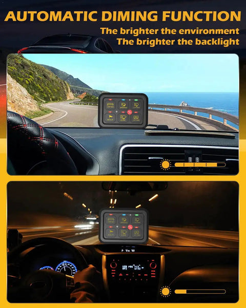 Beefy Six Gang Switch Panel With Electronic Relays For DC12V Systems, auto-dimming LED display in car dashboard.