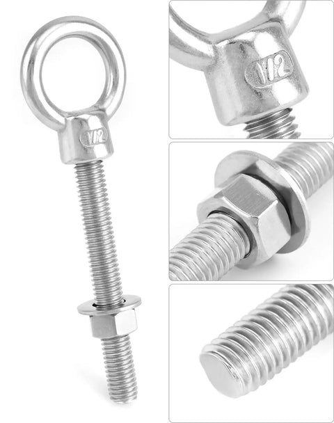 316 Stainless Steel Shoulder Eye Bolt Set Half Inch By Four Inch Marine Grade Eyebolts With Nuts, close-up showing thread and nut.