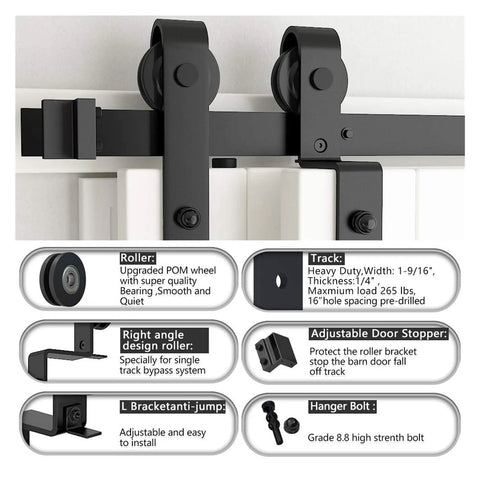 Close-up of Bypass Sliding Barn Door Hardware Kit for Double Doors, showing heavy duty matte black steel tracks and pulleys.