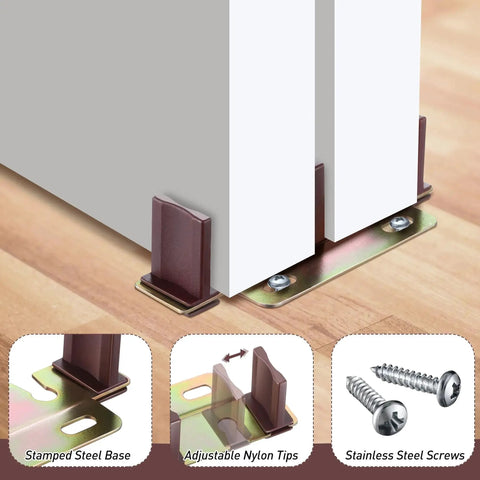 Sliding Closet Door Floor Guide Kit Universal Adjustable Width Track Mount 6 Pack Compatible With N 6796 Stamped Steel Door Slider Fits Doors From 3/4 To 1-3/8 Inch Thick Ideal For Wardrobe And Pantry Closets With Easy Install And Durable Construction featuring adjustable nylon tips and steel screws.