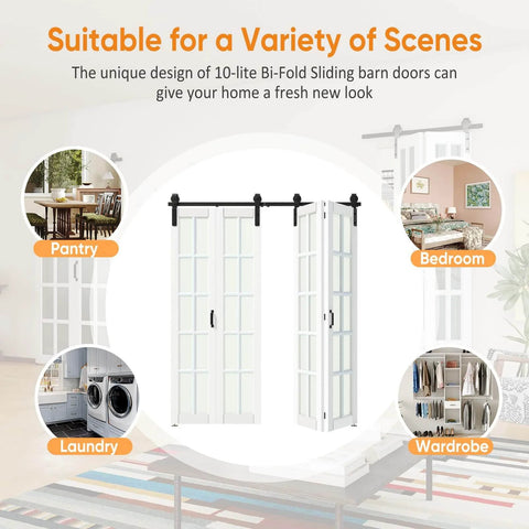 Bi Fold Sliding Barn Door Kit With 72 Inch Width And 84 Inch Height, 10 Lite Tempered Frosted Glass Panels installed in home