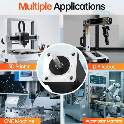 Nema 14 Stepper Motor Two Phase 1.8 Degree High Torque shown with applications in 3D printer, DIY robot, CNC, and automation machines