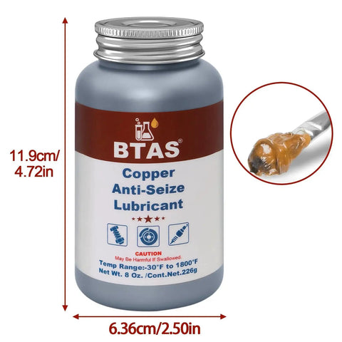 Copper Anti Seize Grease Lubricant For High Temp Spark Plug Bolts 8 Oz bottle with micro copper flakes, product dimensions shown