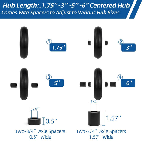 Diagram of 13 Inch Wheelbarrow Tire 4.00 6 Flat Free Replacement With Adapter Kit showing hub lengths and spacers from 1.75 to 6 inches.