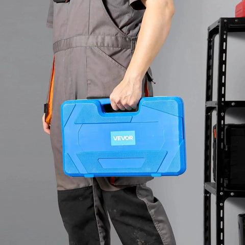 Person holding heavy duty portable storage case for 36 Piece Bearing Puller Set With 3 Jaw Hook Pullers for Internal External Bearings