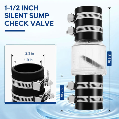 1-1/2 inch PVC sump check valve with Buna-N couplings, spring-loaded flapper, stainless clamps