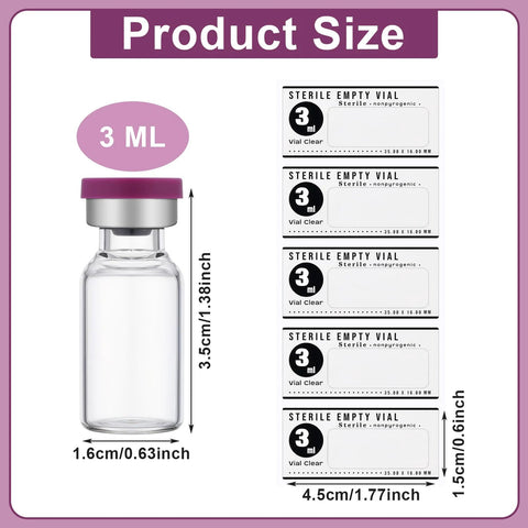 Threlaco 20 pcs 3 ml sealed sterile glass vials with purple cap and 20 label stickers