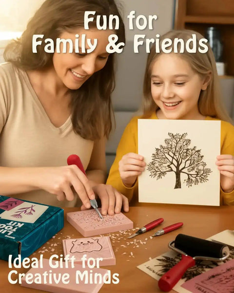 Adults and kids using All In One Printmaking And Stamp Making Kit For Beginners With Linoleum Blocks Ink Brayer Transfer Papers Guide And 10 Printmaking Papers