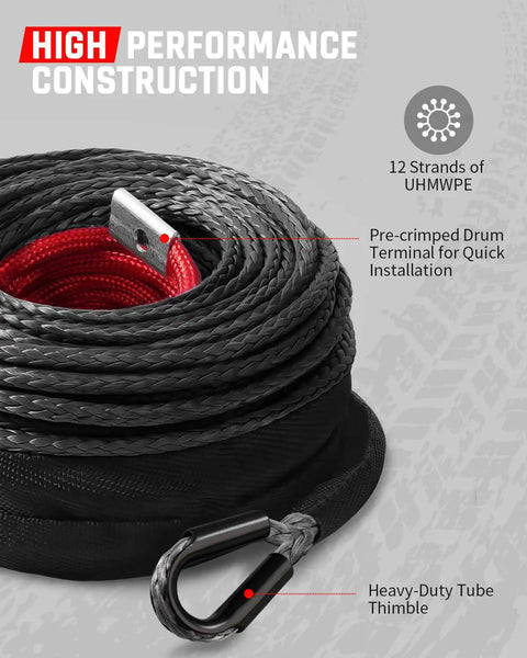Close-up of Heavy Duty 1/4 Inch By 50 Foot Synthetic Winch Rope With 10,000 Lbs Break Strength For Offroad 4WD ATV UTV Use Includes Forged Winch Hook And Rubber Stopper In Gray DAYDOOR.