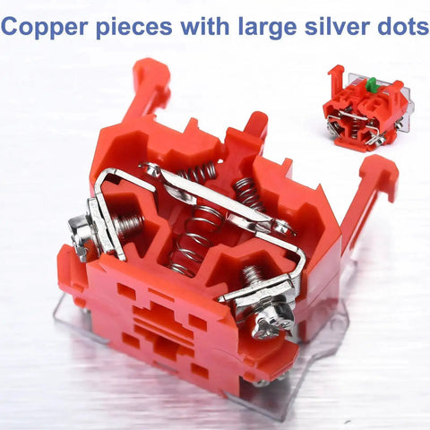 Internal view of Red Emergency Stop Button Switch showing copper pieces and silver dots, 1NO 1NC, for industrial machinery safety reset.
