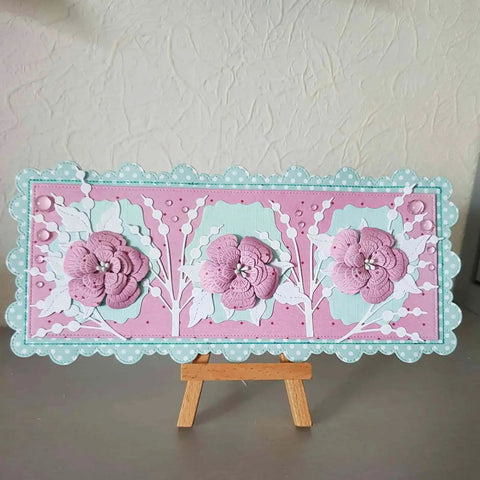 Handmade card using 3D Flower Frame Metal Die Cuts Set for Scrapbooking and Card Making with floral embossing, displayed on stand