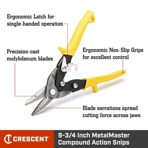 9-3/4 Inch MetalMaster Compound Action Snips For Straight Left And Right Cuts With Yellow Ergonomic Handles, Precision Molybdenum Blades With Ground Edges And Serrations For Cutting Low Carbon Cold Rolled 18 Gauge Steel Crescent Wiss.