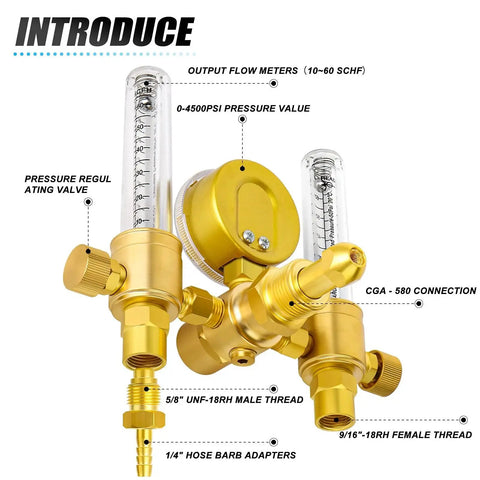 Argon Regulator Flow Meter For TIG MIG Welding dual gauges and connections diagram